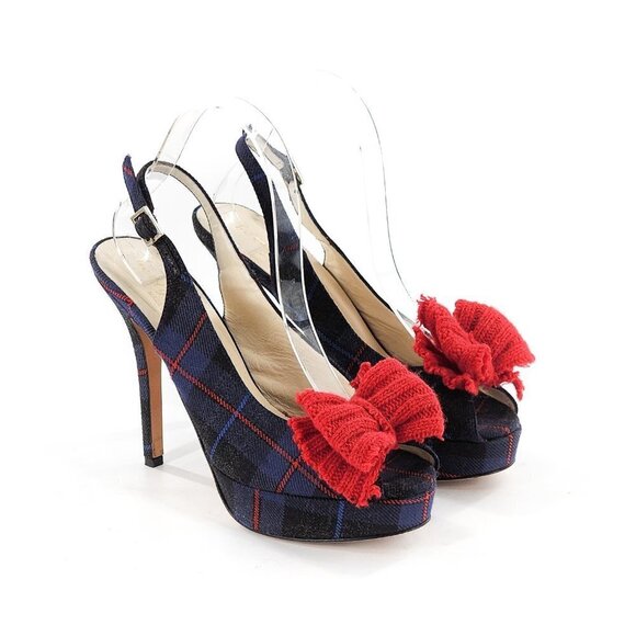 BETTYE MULLER Crompton Plaid Tartan Platform Red Bow Pumps - Picture 1 of 11